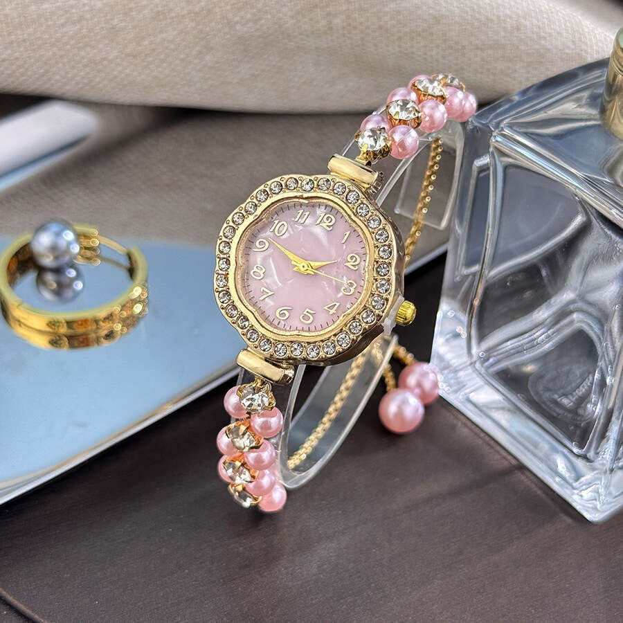 New Trendy Pearl-studded Sunflower Dial Watch With A Compact Design Thin Strap Double Row Of Pearls And Pull-out Digital Display