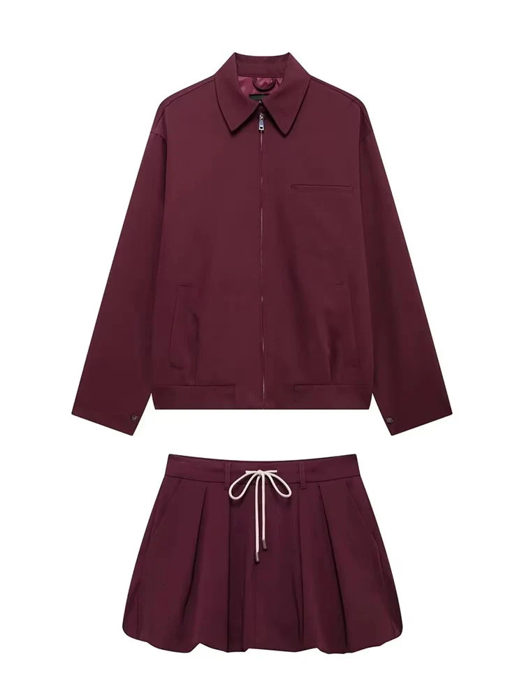 Casual Women 2 Pieces Sets Waist Lace Up Lantern Edition Mini Skirt Sets Solid Pocket Decorative Jacket Top Womens Set 260208