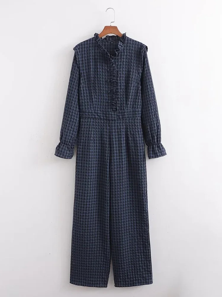 Casual Blue Plaid Ruffle Long Jumpsuit Women Chic Full Sleeves Single Breasted Loose Jumpsuits 2026 Lady Spring Autumn Wear 260126