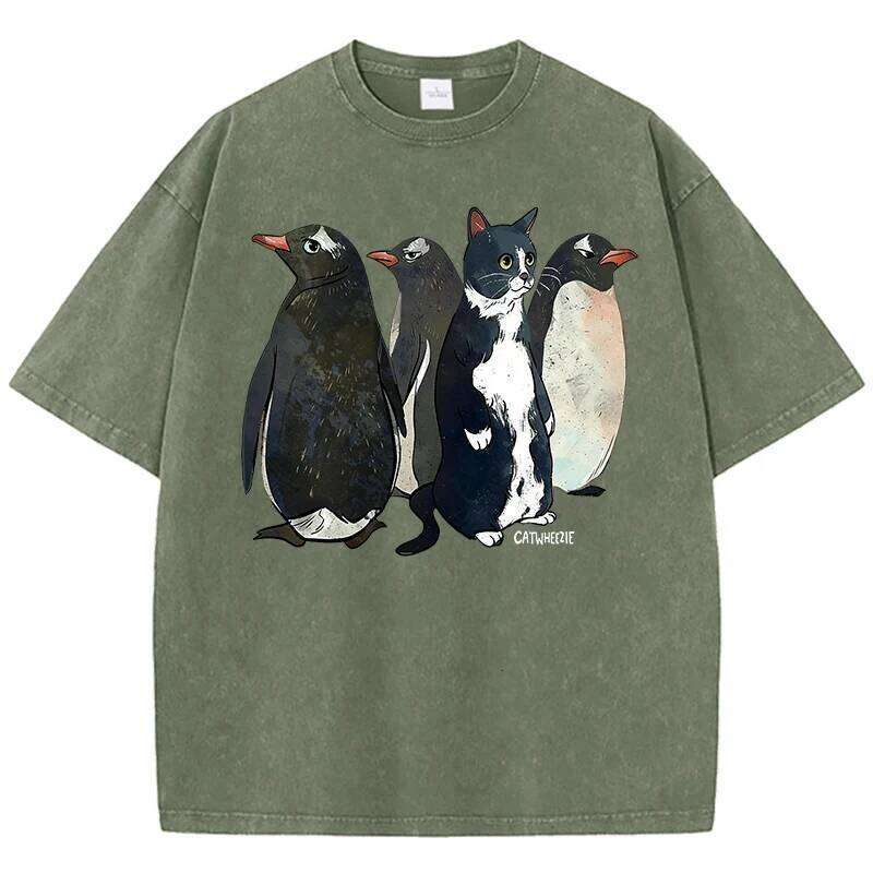 Penguin Cat Cartoon Print Men's Washed T-Shirt Casual Snowflake Streetwear Summer Cotton Short Sleeved Oversized Vintage T Shirt X260209