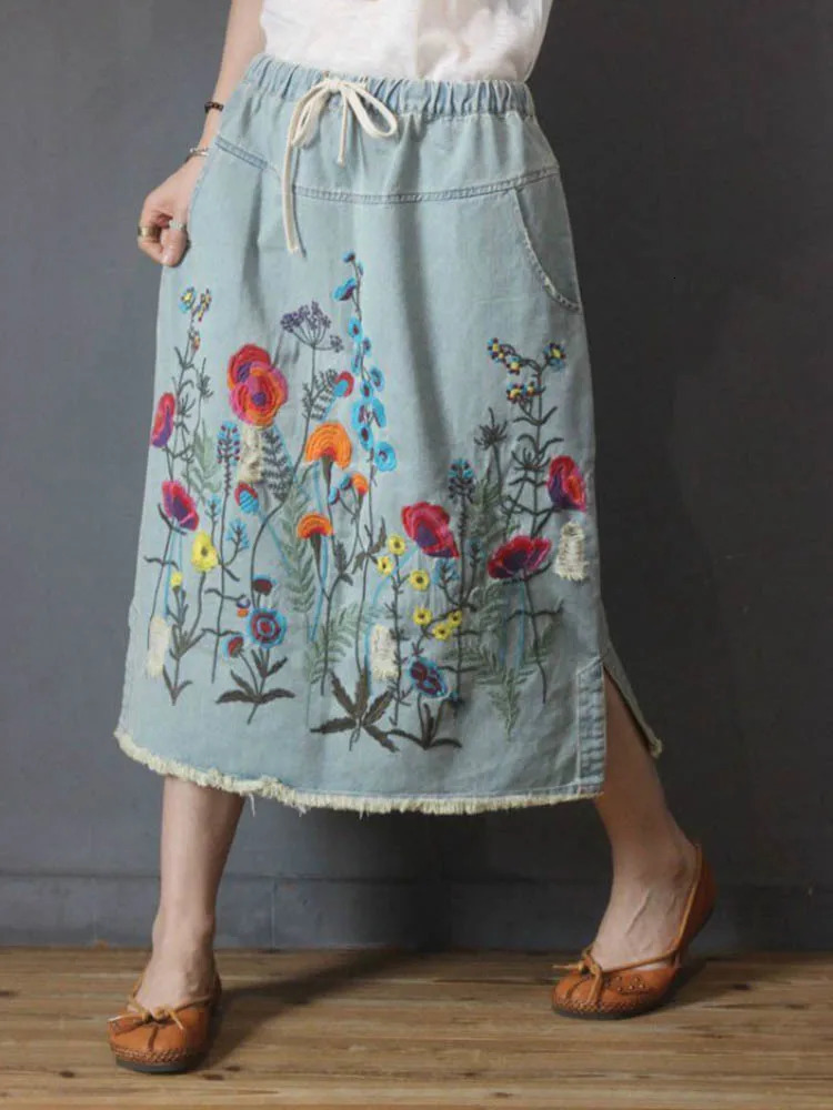 Amax luluE Korean n Summer Clothes Womens y Vintage Loose Denim Skirts Ladies Casual Floral Embroidery Streetwear 260126
