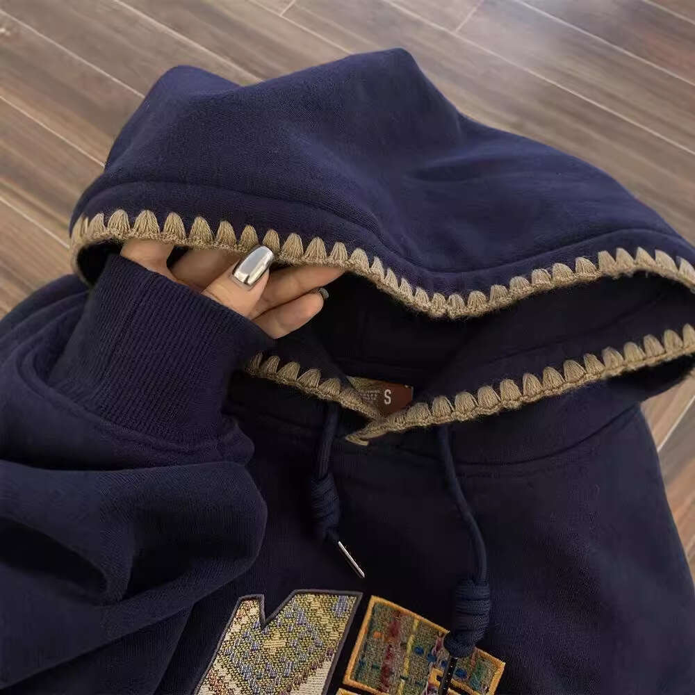 National Trend Embroidered American Retro Hooded Sweatshirt Women's Autumn Winter Slim Loose Lazy Style Fleece Plus Size Top