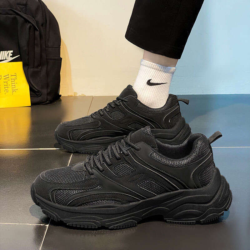 Pure Black Autumn 2025 New Work Safety Non-Slip Wear-Resistant Men's Running Sports Dad Shoes Thick Sole