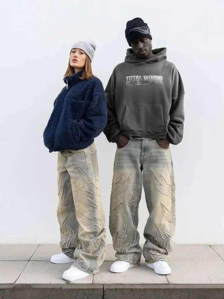 2024 American New Fashion Patch Baggy Casual Jeans For Men And Women Y2K Street Harajuku High Waist Wide Leg Denim Trousers