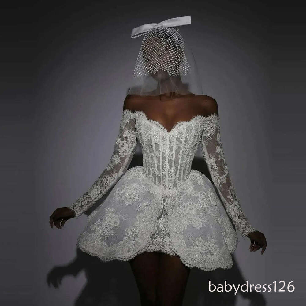 Vintage Basque Waist Lace Short Wedding With Long Sleeves Sexy Off Shoulder White Plus Size Mini Bridal Gowns Saudi Arabic Puff Reception Dress For Br