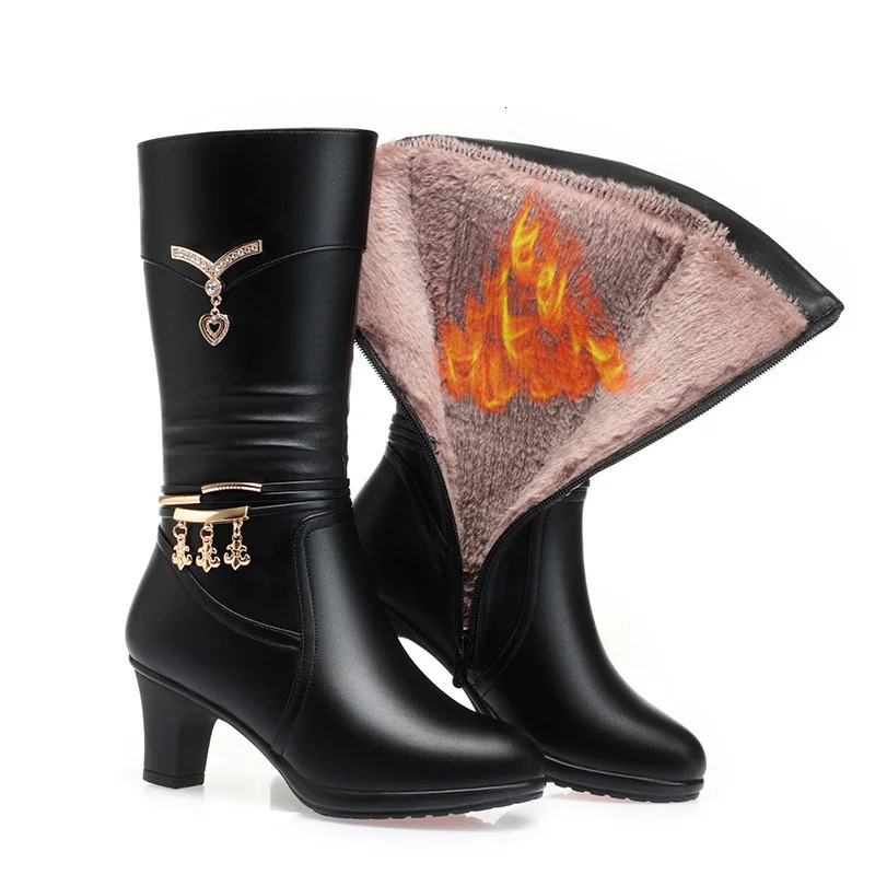 Women Comfortable Fleece Medium Boots Autumn Winter Style Thick Heel Side Zipper Pointed Fashion High Heels Elegant 260208