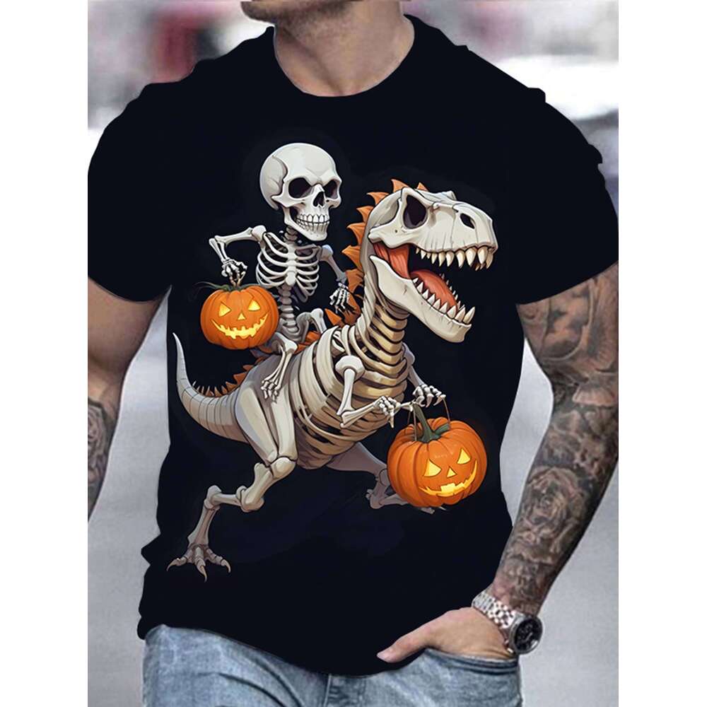 Skeleton Riding Dinosaur Halloween Graphic Tee Men Casual Crew Neck Cotton T-Shirt Trip Apparel X260209