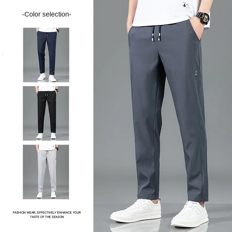 Ice Silk Mens Pants 2025 Summer Black Gray Thin Business Casual Pants Outdoor Elastic Breathable Straight Leg Sweatpants 260122