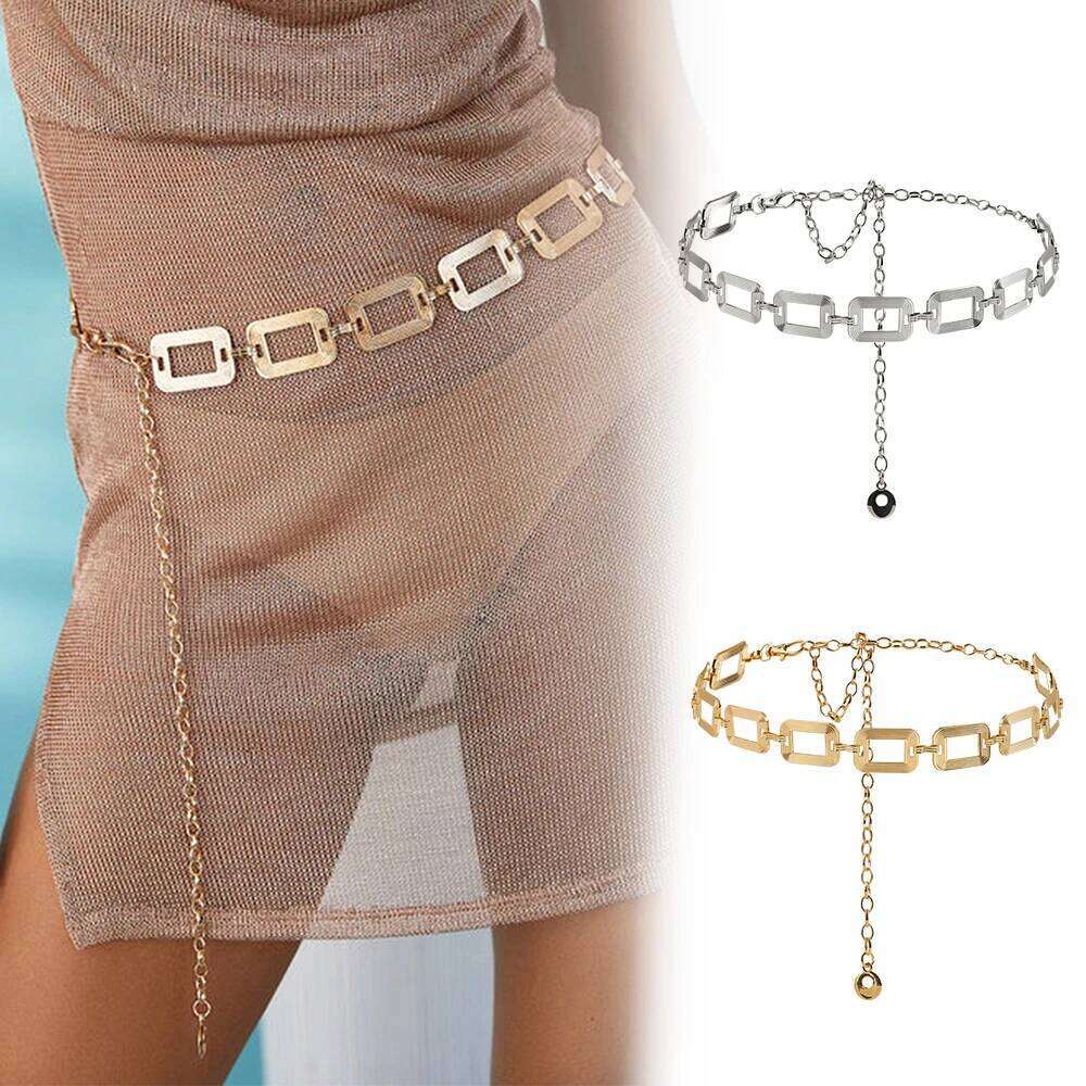 Sexy ladies high-grade personalized waist metal hollow simple texture square buckle chain with dress accessories X260209
