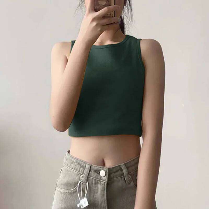 Summer new ladies retro crop high waist slimming stretch slim short sleeveless bottoming top 26Y0209