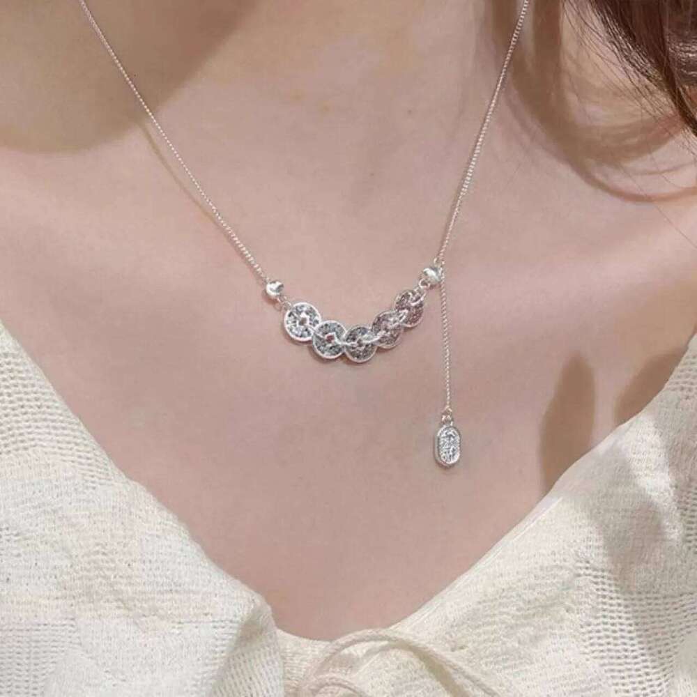 Necklace Gold Plated Crushed Ice Five Emperor Coins with Cubic Zirconia Chinese Style Adjustable Clavicle Chain for Cultural Festival Gift High Qualit