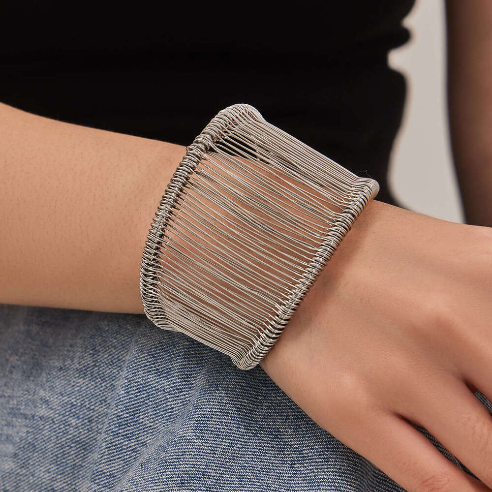 Fashionable silk-wrapped wide open bracelet, stainless steel bangle, personalized versatile bracelet for women, European and American jewelry wholesal