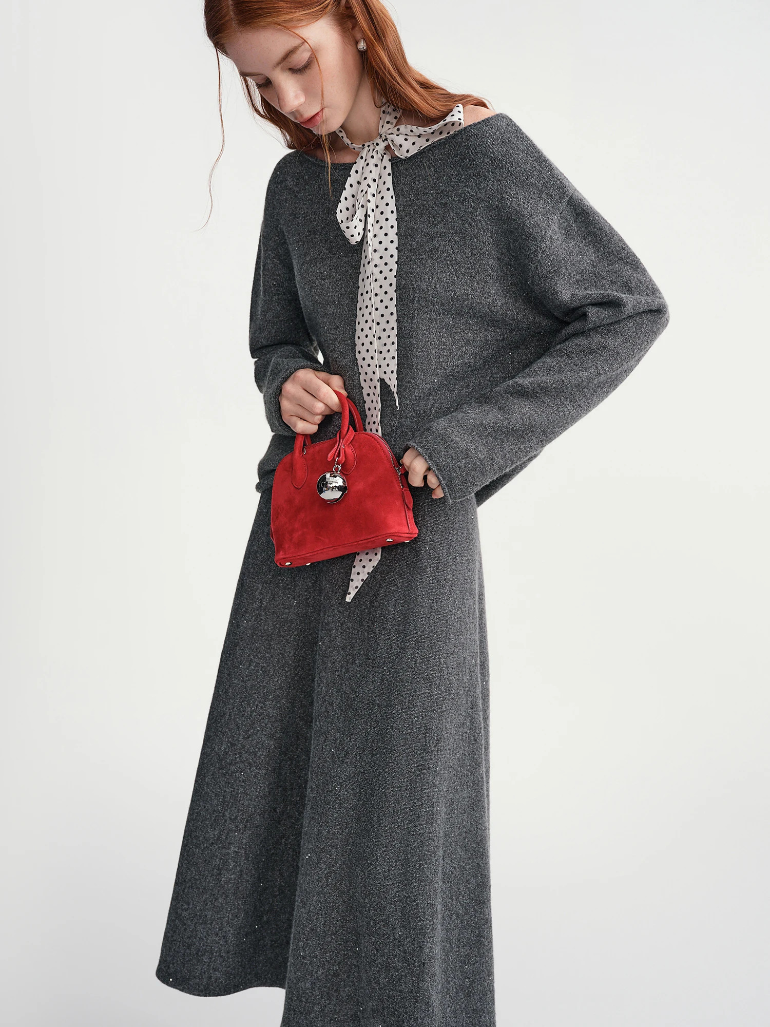 DUSHU Skirts sets Women Gray Slash Neck Loose Sweater Knitted Suit Commuting Office Lady Two-piece Winter Simple Unisex Ins 260208