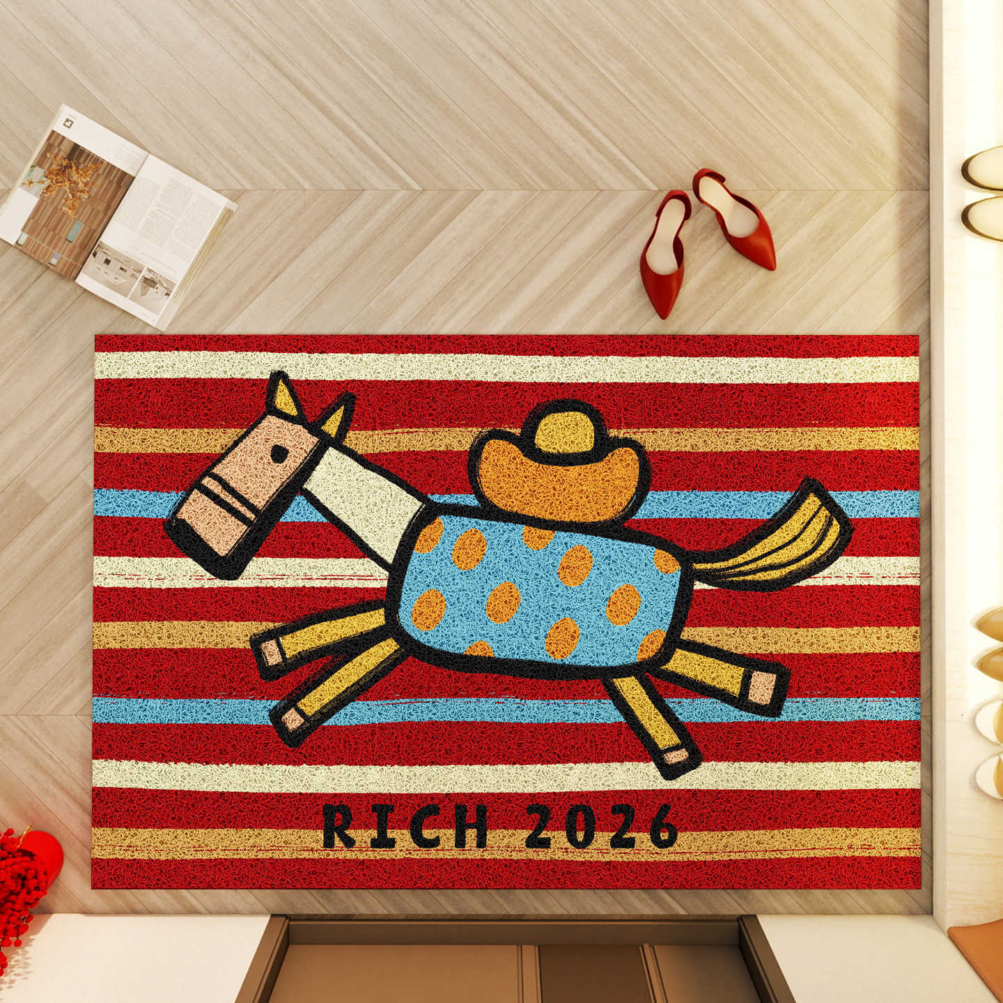 New Years Door Mat for the Year of the Horse Festive Red Carpet with Silk Loop Non-Slip and Dirt-Resistant Floor Mat S260207