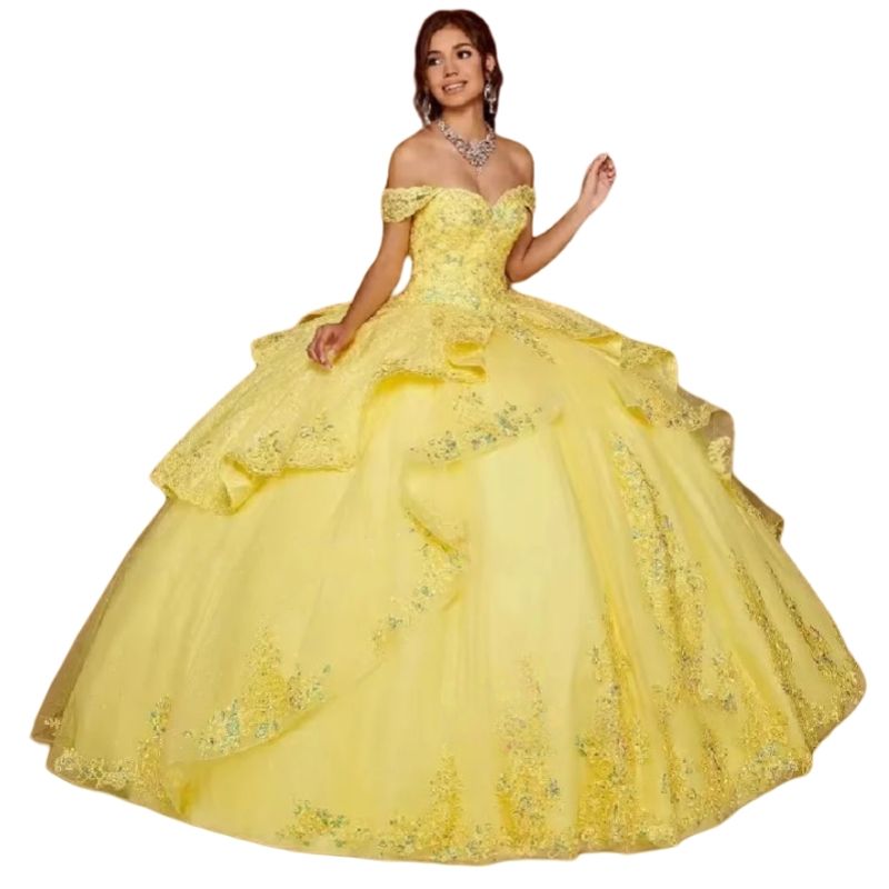 Yellow Lace Off Shouder Quinceanera Dresses Princess Shiny Prom Classic Ball Gown Floral Appliques Sweet 16 Dress Robe De Soiree Mariee Luxe 0209