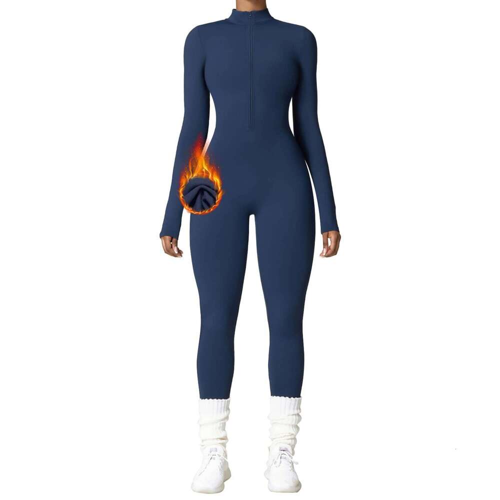 Fleece-lined warm cross-border yoga suit, long-sleeved, half-zip, high-intensity integrated sports one-piece fitness suit
