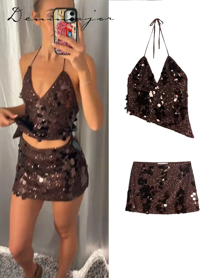 Sexy Sequin Mini Skirt Sets 2 Pieces for Women Halter Sleeveless Backless Vest Bodycon Skirt Suit 2026 Summer Party Club Outfits 260122