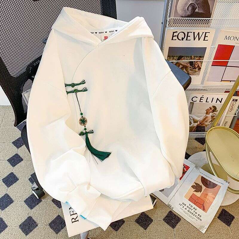 Autumn Winter New Style Cotton Fleece Hoodie Women's Clothing Plus Size Hooded Sweatshirt With Printed Embroidery And Chinese Knot