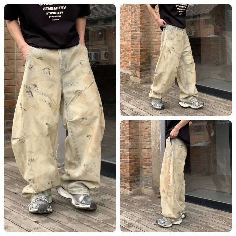 2026 Spring American Style Men's Curved-knife Jeans Pleated Design Casual Contrast Color Splash-ink Wide Leg Male Denim Pants