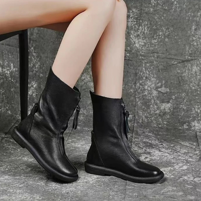 Autumn Winter Round Toe Flat FleeceLined Black Leather Ladies Mid Calf Shoes Fashion 2025 Trend Womens Half High Boots 260208