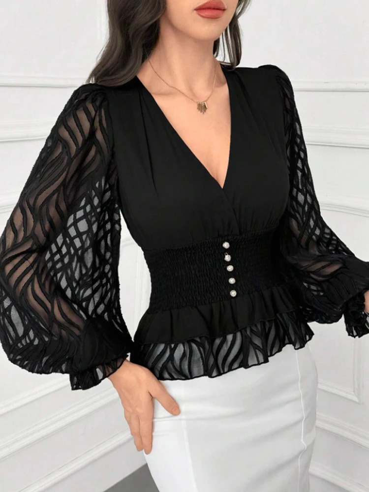 Womens Elegant and Fashionable V Neck Lantern Sleeve Waist Shirt 250203