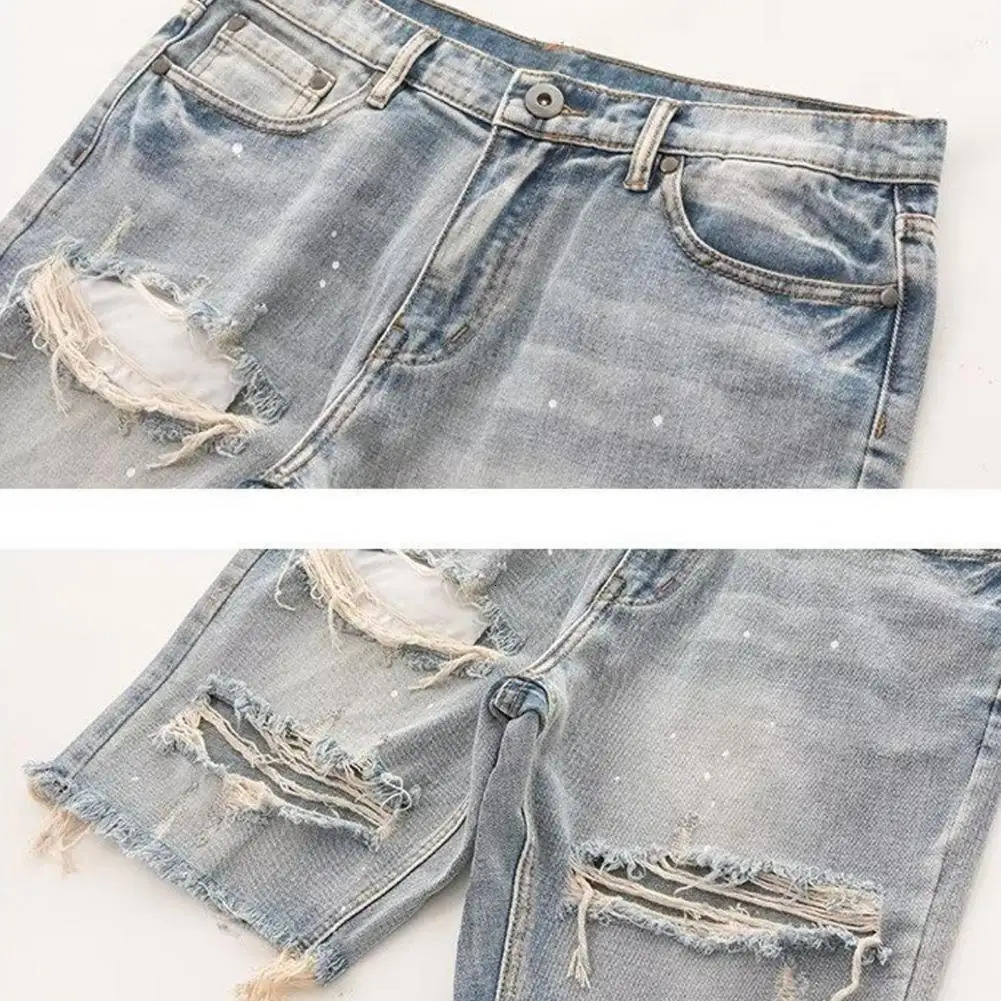 Men Denim Shorts Button Zipper Fly Multi Pockets Short Jeans Straight Fit Ripped Holes Knee Length Distressed Denim Shorts 260208