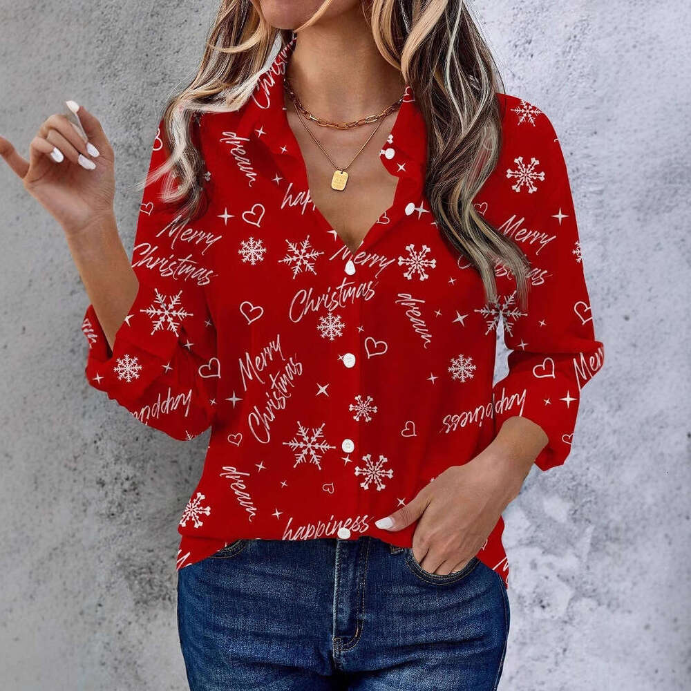 Women's Heart Print Button Down Shirt with V Neck, Long Sleeve Casual Top for Spring Summer Love Heart Print Pattern Office Lady Blouse Shirts