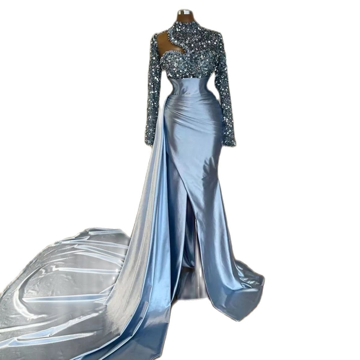 Shiny Sequined Mermaid Evening Dresses High Neck Pearls Beading Full Sleeve Party Gowns Custom Made robe de soiree mariee luxe 0209