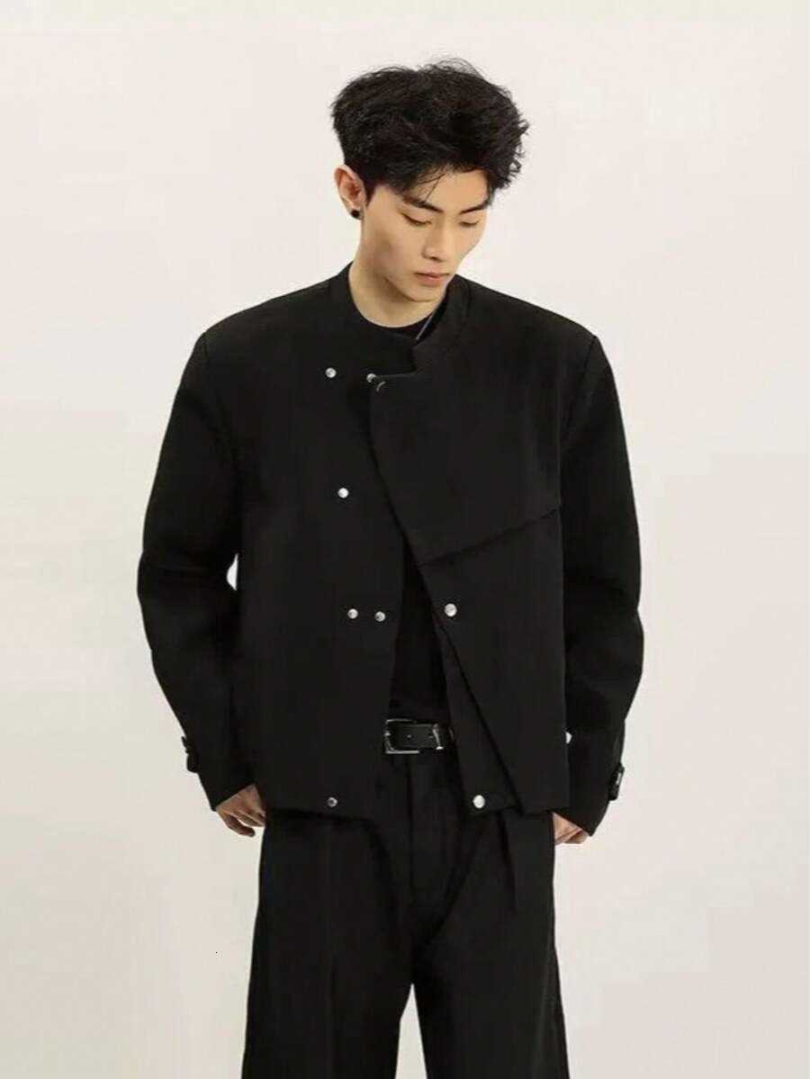 New Chinese Style Sloping Front Jacket With Mens Deconstruction And Loose Leaf Design Button Up Collar And Shoulder Pads Zhongshan Suit Jacket C260209
