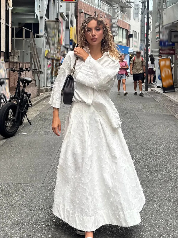 HH Women Tassel Sets White TurnDown Collar SingleBreasted ShirtsHigh Waist Zipper ALine Long Skirts Female Holiday Suit 250203
