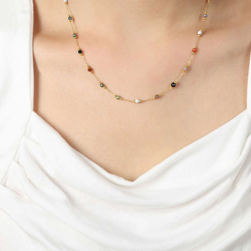 Minimalist Bohemian Beaded Necklace & Bracelet Set: Fashion Niche Personality Versatile Geometric Mix and Match Natural Stone Design Titanium Steel Je
