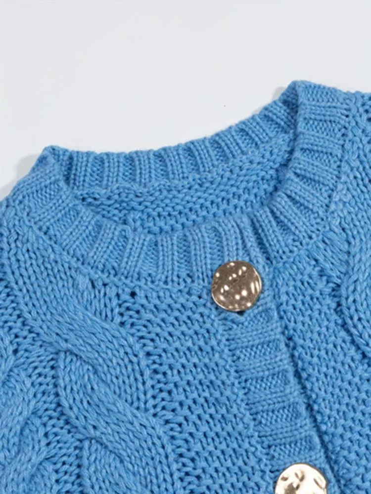 Womens blue twisted rope pattern woolen round neck cardigan vest with gold button n suitable for home and daily travel 260130