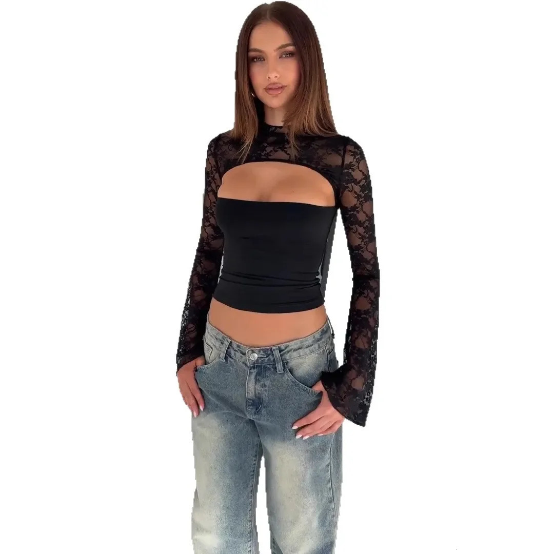 Summer Womens Lace Splice Baring Waist Top Pure Color Maturation Fit G25T145 Fashionable Chinese AE Stock 250203