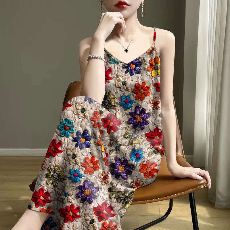Women's Printed Sleeveless Camisole Dress V-Neck Pleated Long Sleeve Loose Maxi Dress for Spring Summer Flower vest dress