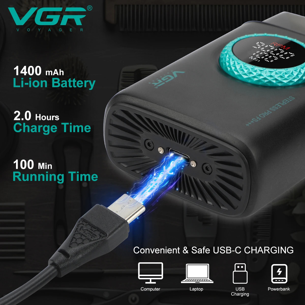 VGR high-end mens shaver alloy reciprocating three blade shaver LED intelligent digital display 9000 speed hair trimmer V-378 260126