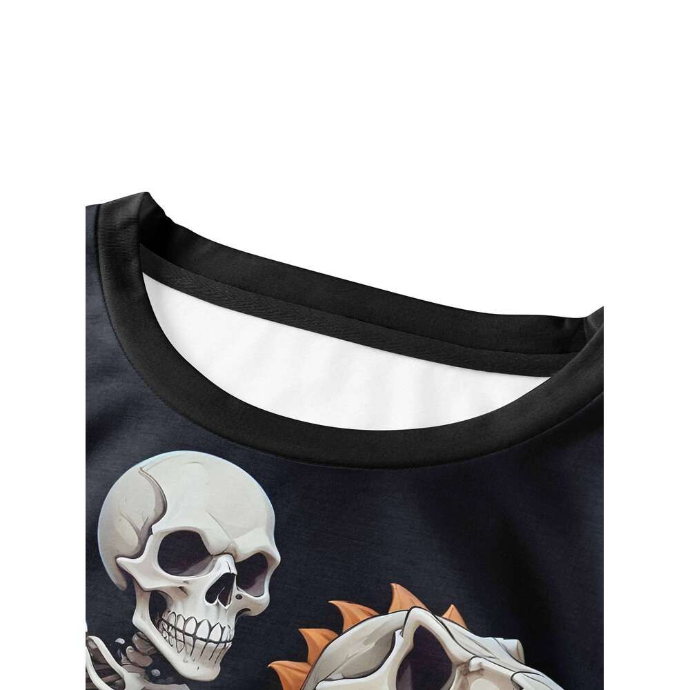 Skeleton Riding Dinosaur Halloween Graphic Tee Men Casual Crew Neck Cotton T-Shirt Trip Apparel X260209