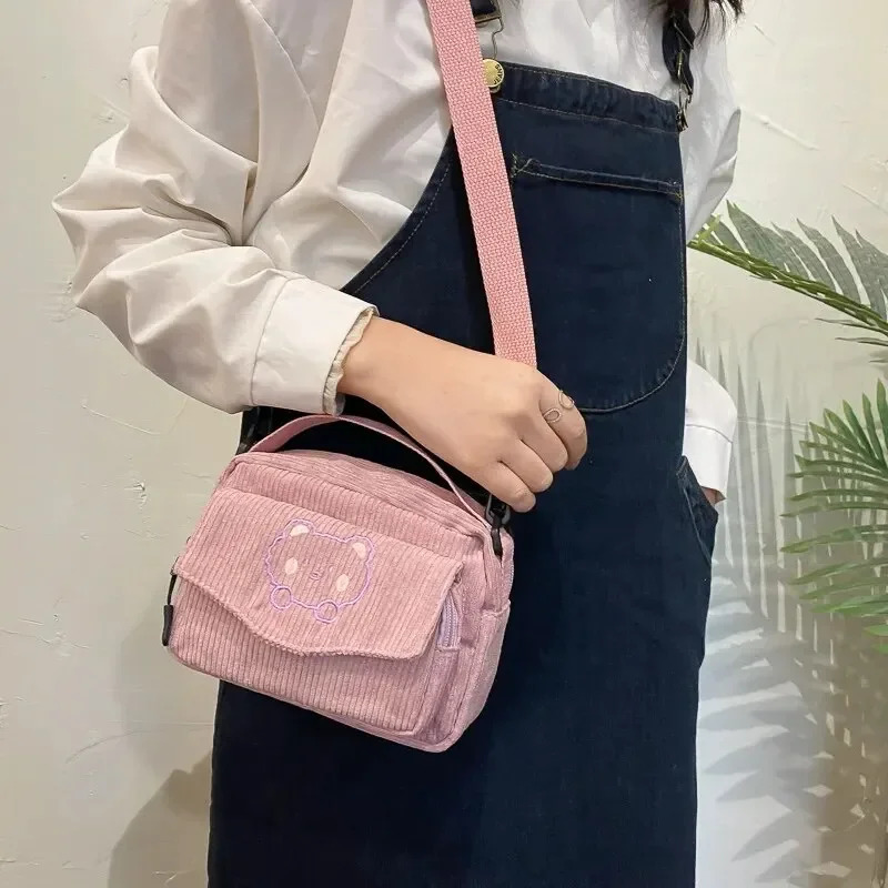 Personalized Teddy Bear Embroidered Diagonal Shoulder Bag Corduroy Crossbody Cute Teen Canvas BagHarajuku Phone Pouch 260208