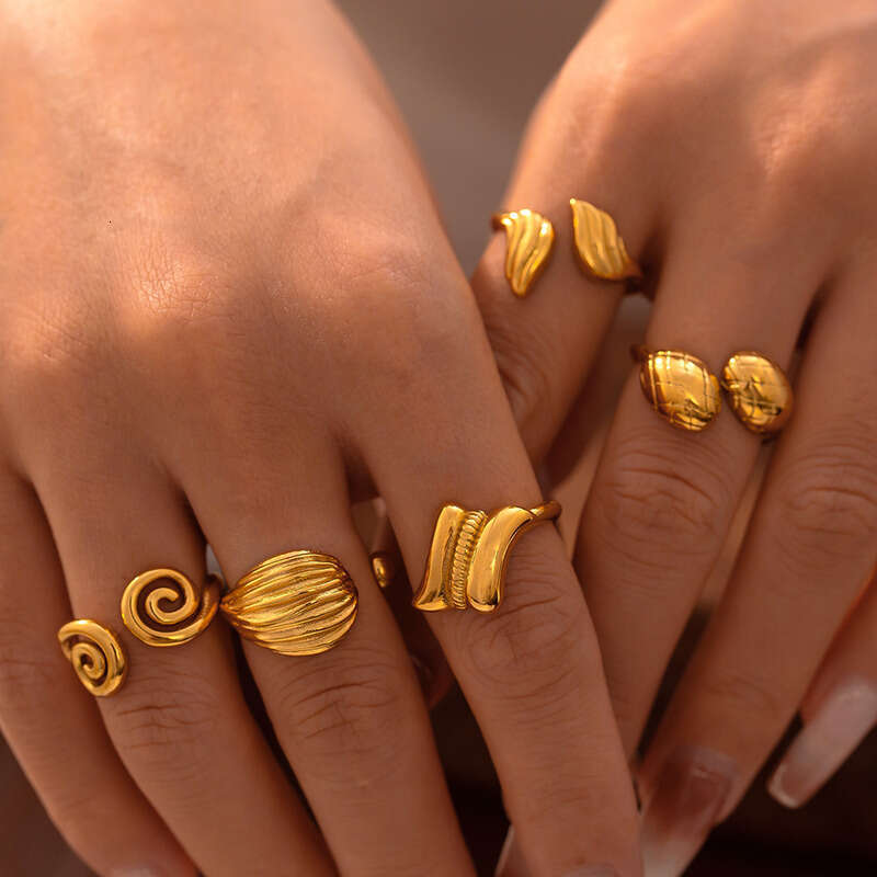 Bohemian Vintage European and American Style New Threaded Open Ring Creative Personality Design Sense Titanium Steel 18k Gold Plated Jewelry for Women