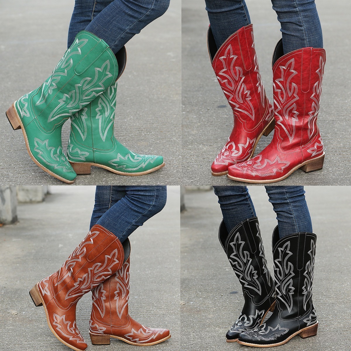 Vintage Boots Womens Embroidered Heeled Red Knee Hot High New Cowboy Boots, Western Style Mid-Calf Autumn Casual Shoes