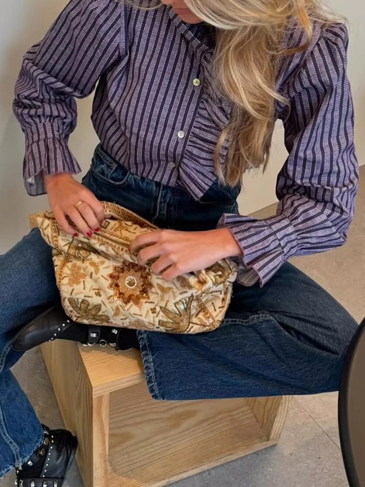 Sweet Women Ruffles Plaid Purple Shirts 2025 Fashion Ladies Casual Stand Collar Blouses for Party Female Elegant Tops Clothes 260122