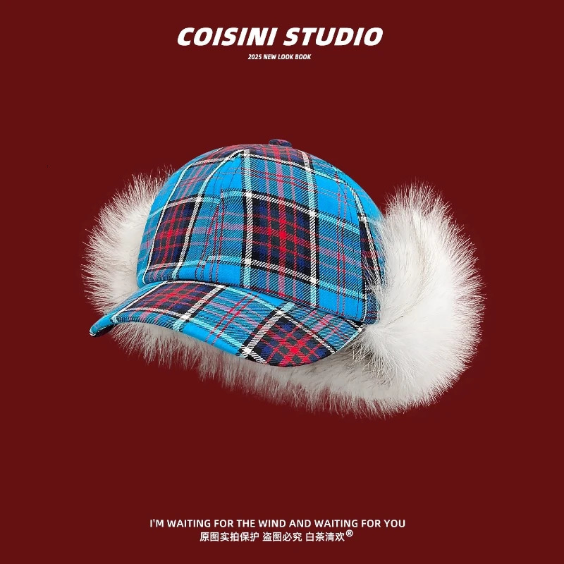 Fashion Contrasting Color Plaid Plush Bomber Hats Women Winter Outdoor Skiing Warm Versatile Personality Y2K Pilot Caps Men 260208