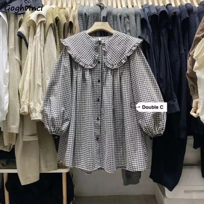 Shirts Women Spring Plaid Peter Pan Collar Ruffles Loose All-match College Japanese Mujer Kawaii Swwet Tender Chemise Femme 260207