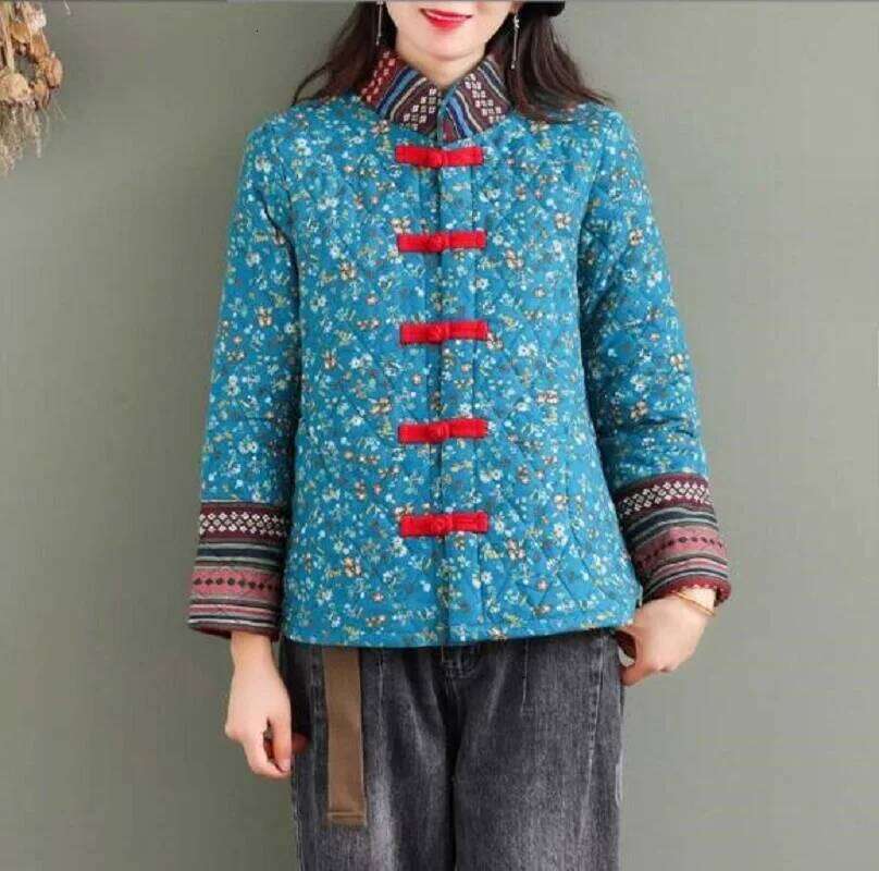Mardi Hefxessdr Chinese Style Fashion Printing Women Cotton Jacket Winter Keep Warm Coat Ladies Casual Stand up Collar Jackets Size XL