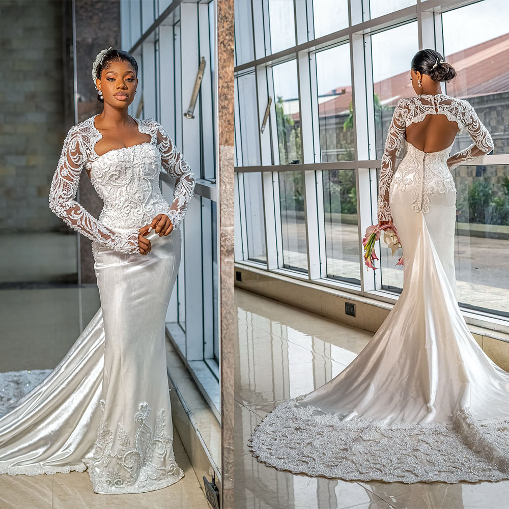 Vintage Appliques Wedding Dresses Pearls Mermaid Bridal Gowns with Jacket Beading Slim Fit Backless Customized Vestidos De Novia Plus Size