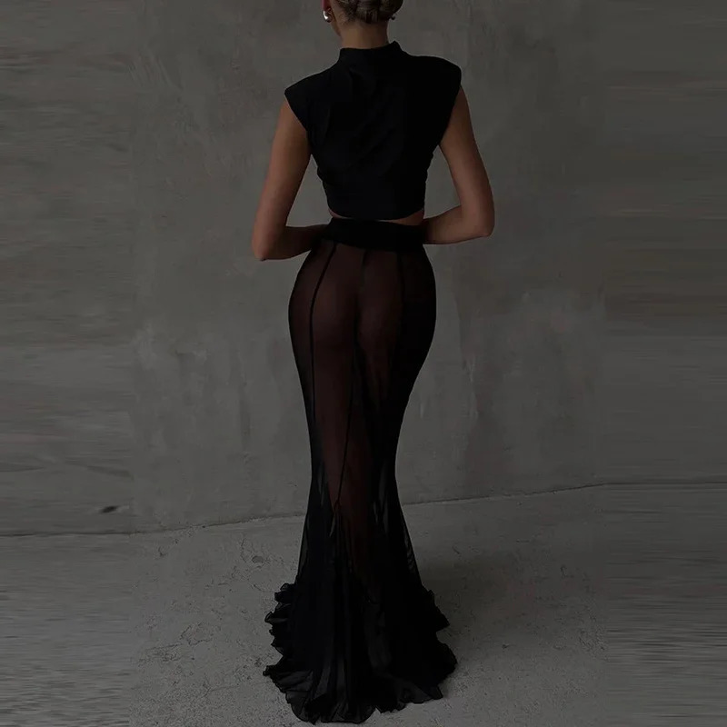 Ladies Fashion Solid Long Sleeve Blazer Mermaid Skirts Suit Women Transparent Mesh Two Piece Set Elegant Banquet Outfits 250203