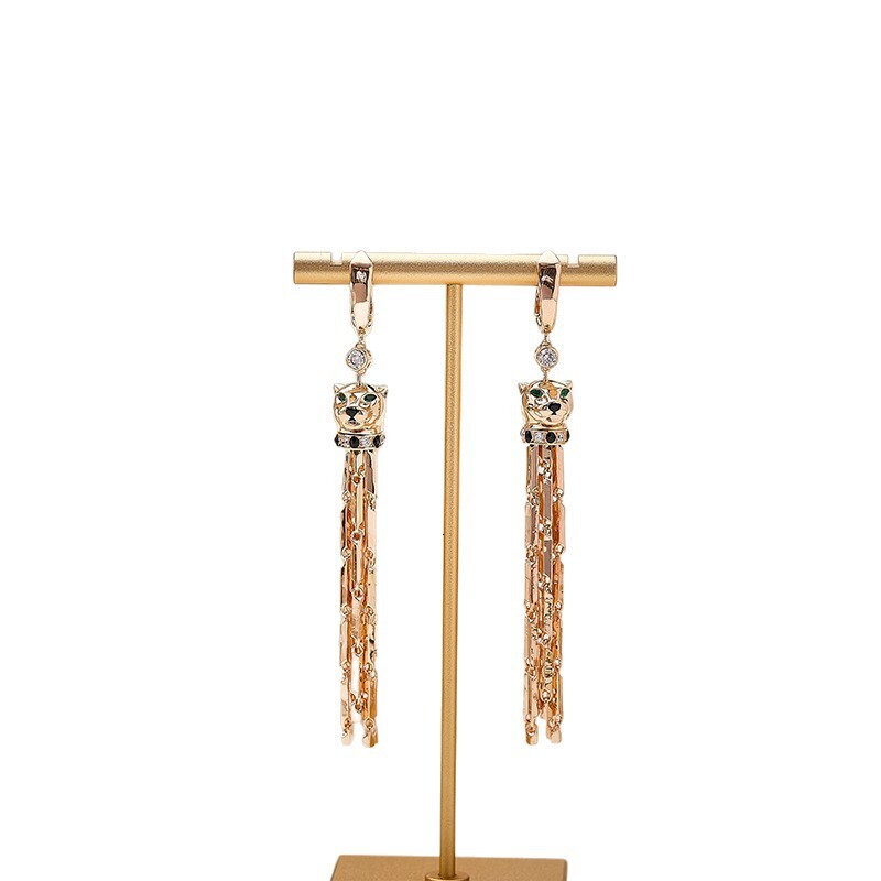 Earrings New Glossy Tassel Earrings Gold-Plated Black Glaze Personality Exaggerated Green-Eyed Leopard Earrings