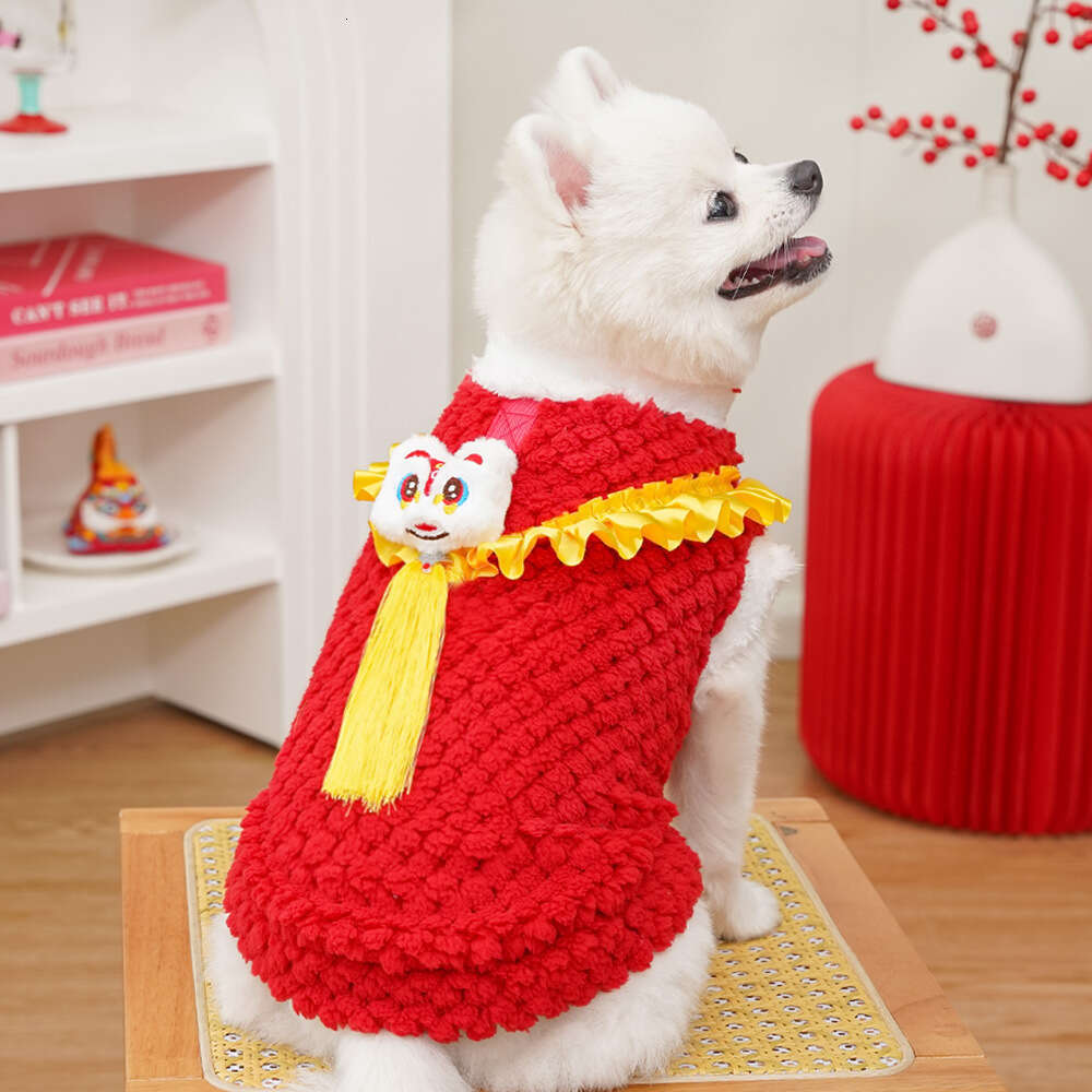 New Year Chinese Style Lion Dance Fleece-Lined Warm Pet Clothes Teddy Plush Tang Suit Dog Supplies Cat Outfit