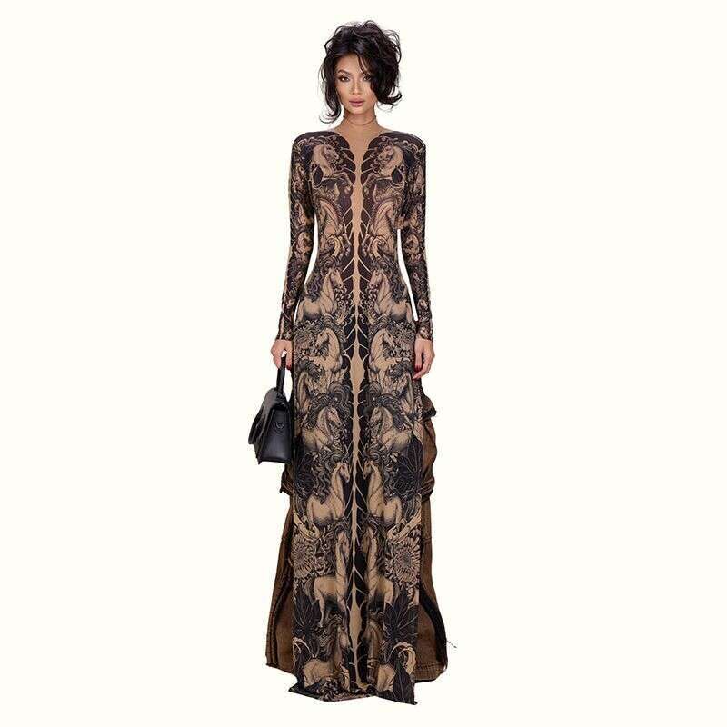 2026 Ancient Beauty Palace Style Vintage Animal Print Sleeve For Women, Unique Slim-Fit Long Dress