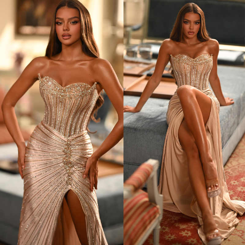Sparkly Sweetheart Sequins Prom Dresses Sexy Sleeveless Beading Floor Length Evening Dress Customized High Slit Train Party Gown