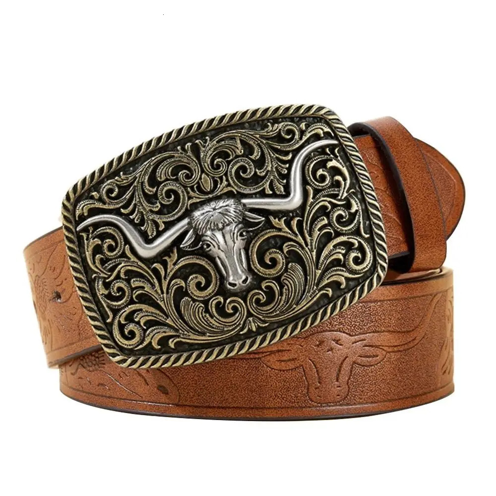 Fashion PU Leather Western Cowboy Belts Vintage Waistband Belts Floral Engraved Buckle Leather Belt Pants 260124